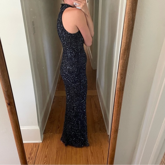 Parker Black Navy Sequin High Neck Halter Maxi Gown Dress Formal Wedding Prom - Picture 4 of 14